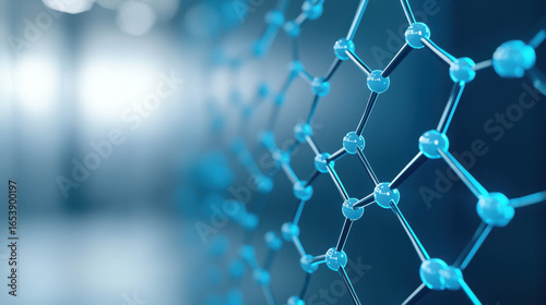 Abstract representation of molecular structure with blue tones showcasing interconnected atoms forming a hexagonal lattice in a blurred environment