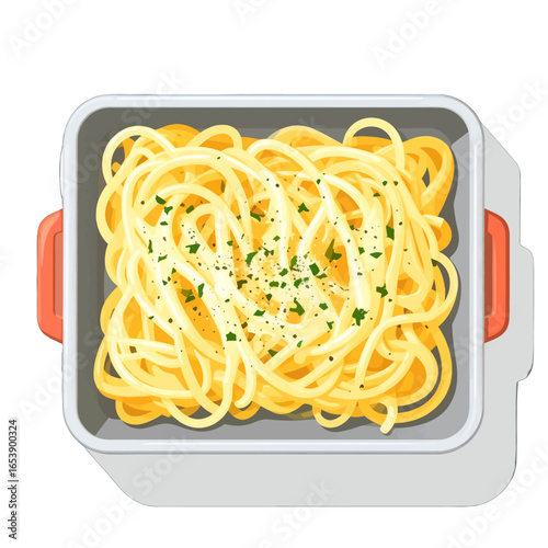 Spaghetti Dish with Cream Sauce and Parsley in a White Square Bowl Top View Illustration