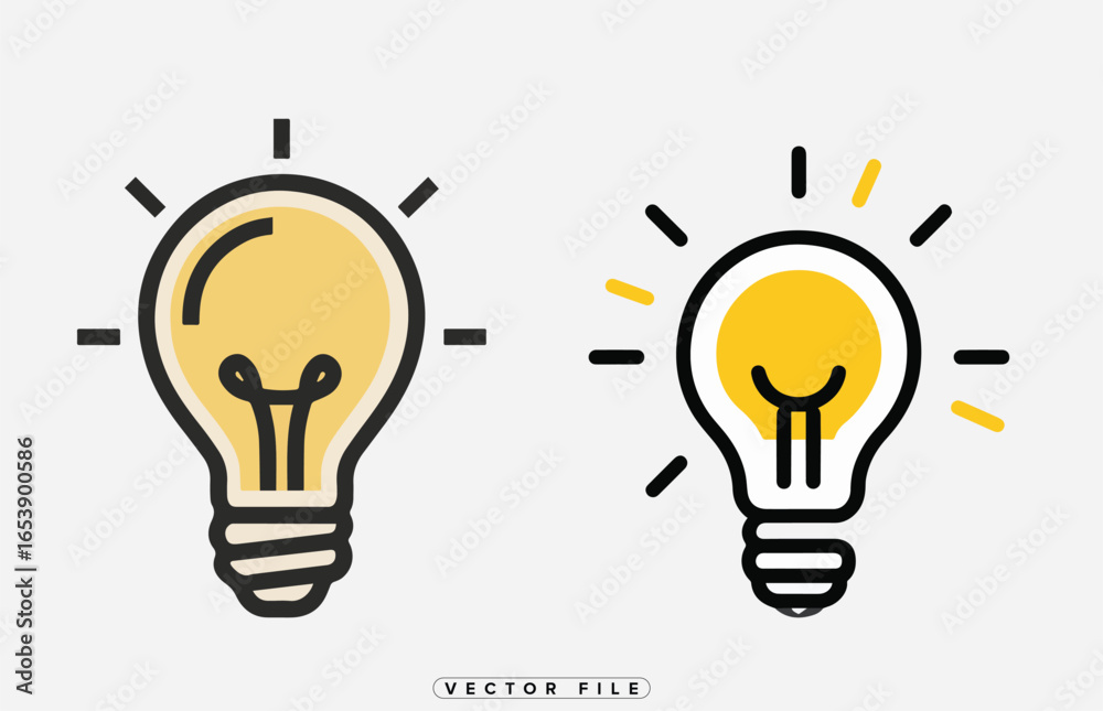 Two cartoon light bulbs one glowing and one not on white background Two cartoon light bulbs one glowing and one not on white background