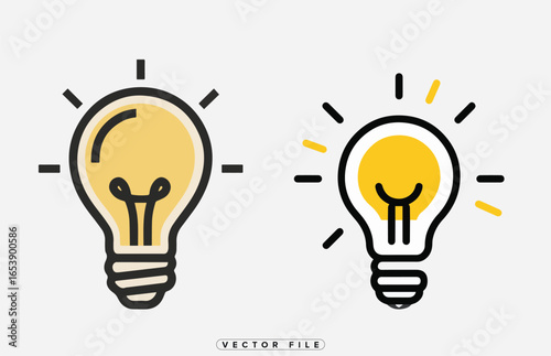 Two cartoon light bulbs one glowing and one not on white background