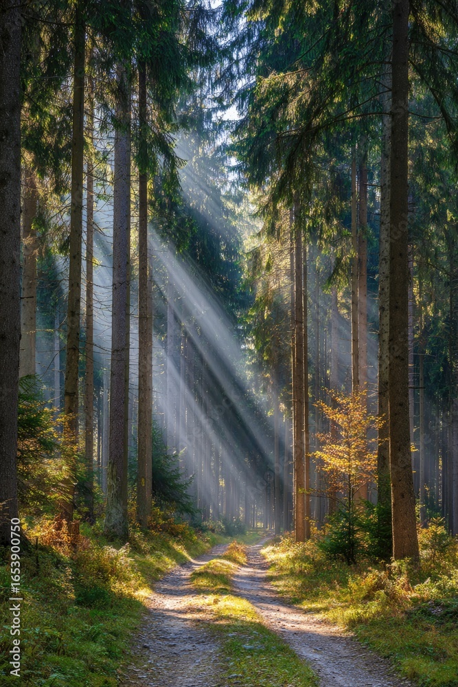 Obraz premium Sunlight streams through a dense forest path