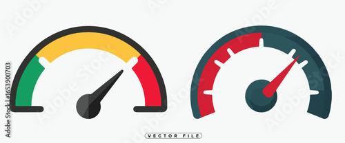 Colorful gauge meters with needles on white background