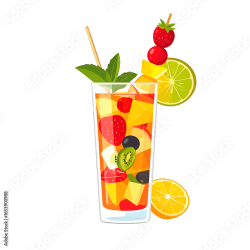 Vibrant Fruit Cocktail in Tall Glass with Mint Straw and Citrus Slices on White Background a Refreshing Beverage Art Illustration
