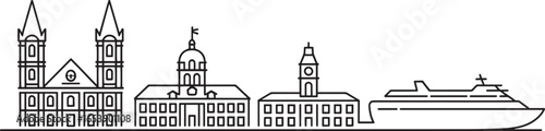 Cityscape Outline Vector Illustration Featuring Prominent Buildings and a Cruise Ship on Transparent