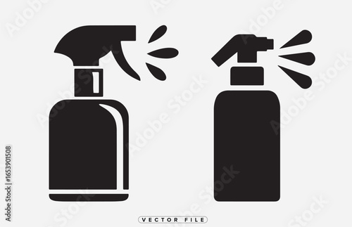 Black and white illustration of two spray bottles with liquid sprays