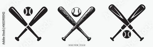 Black and white illustration of baseball bats and balls in crossed pairs