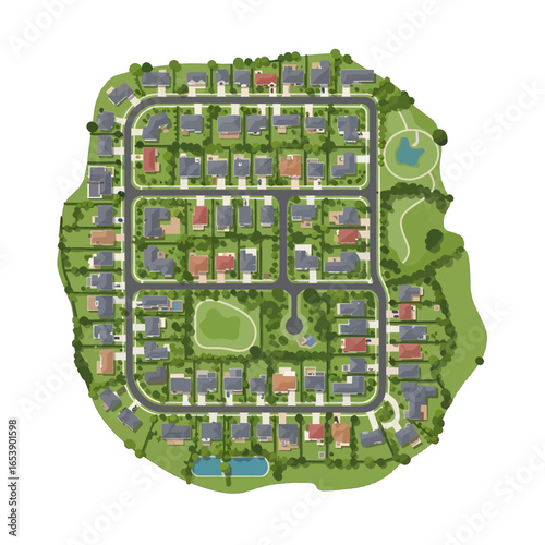 Aerial View of Residential Neighborhood Depicting Houses Roads Green Spaces and Trees on White Background