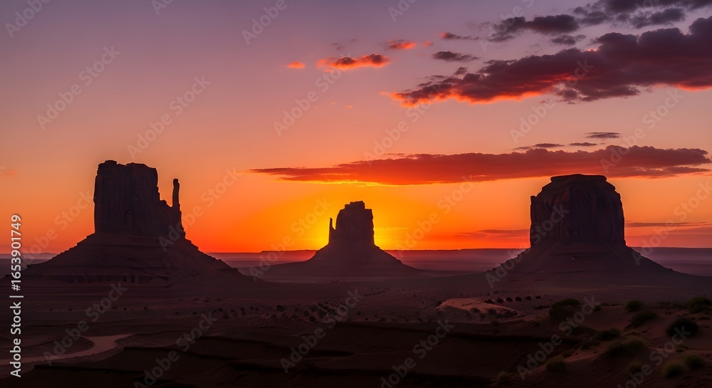 Photo of silhouettes of iconic monument valley buttes against a vibrant sunset sky with dramatic clouds Photo of silhouettes of iconic monument valley buttes against a vibrant sunset sky with dramatic clouds