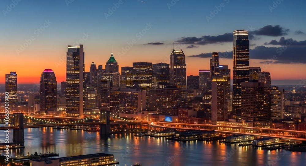 Fototapeta premium Photo of new york city skyline at dusk with illuminated buildings and bridges reflecting on the water
