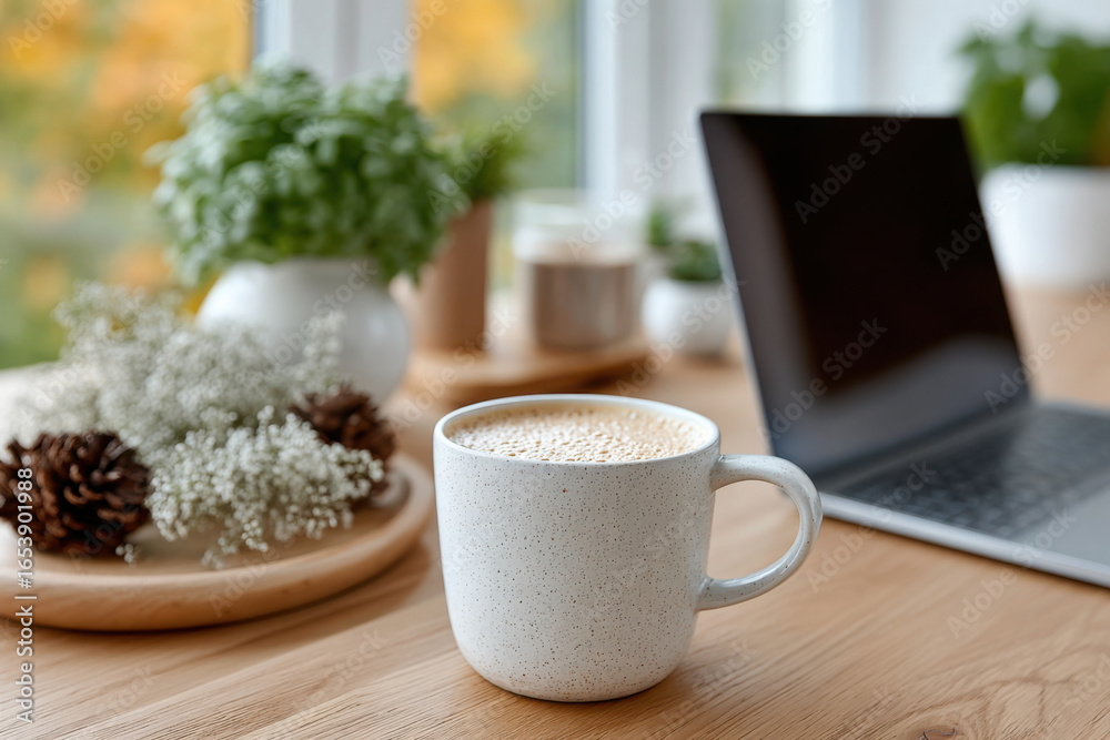 Fototapeta premium Cozy autumn workplace with laptop and coffee cup on wooden desk in home office
