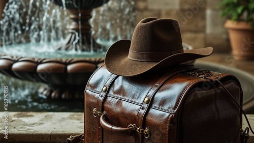 Vintage Travel Accessories:  Leather Case and Cowboy Hat near Water Feature