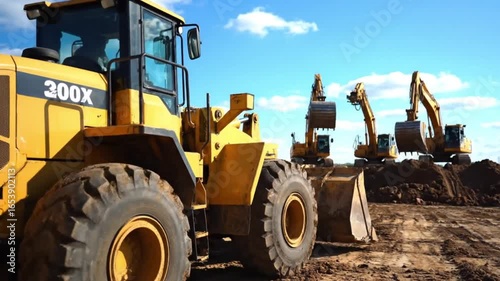 Closeup of a heavy construction equipment tire, showcasing the ruggedness and durability required for working on tough terrain in the building industry