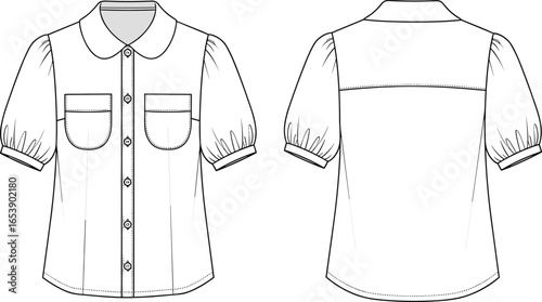 Short puff sleeve blouse CAD drawing, front and back technical sketch, flat fashion vector illustration with button down shirt design