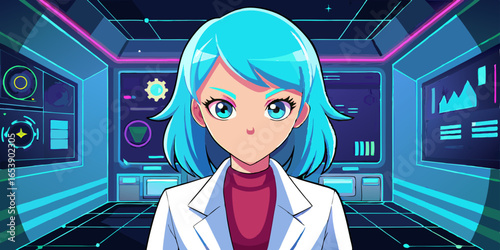 Anime style female scientist character in futuristic technology lab, wearing sleek white coat, using holographic neon displays with vibrant glowing hair illustration