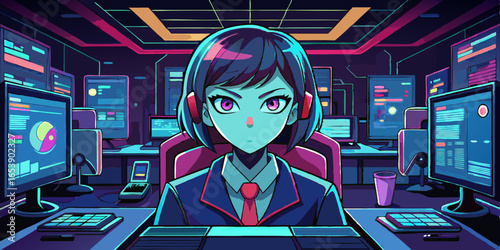 Vector illustration of anime-style woman coder in futuristic workplace, with glowing monitors and code, creative technology concept for modern design projects.