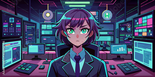 Vector illustration of anime-style woman coder in futuristic workplace, with glowing monitors and code, creative technology concept for modern design projects.