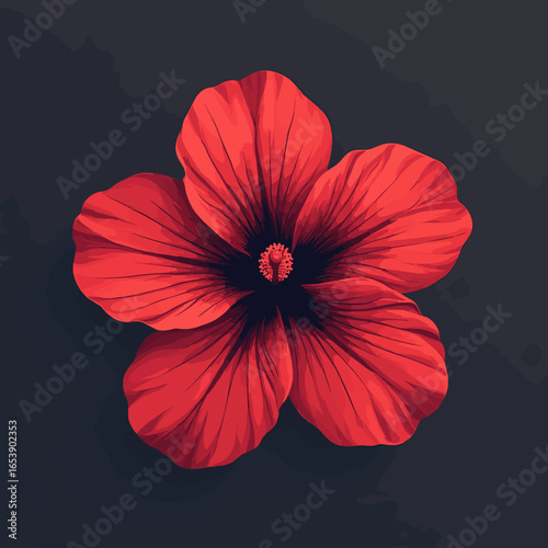 Moody Red Hibiscus Flower. A dramatic vector illustration of a red hibiscus flower with deep shadows and highlights, creating a moody and elegant feel on a dark background.