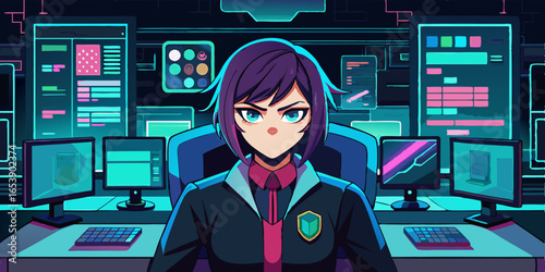 Vector illustration of anime-style woman coder in futuristic workplace, with glowing monitors and code, creative technology concept for modern design projects.