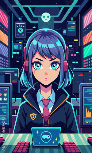 Vector illustration of anime-style woman coder in futuristic workplace, with glowing monitors and code, creative technology concept for modern design projects.