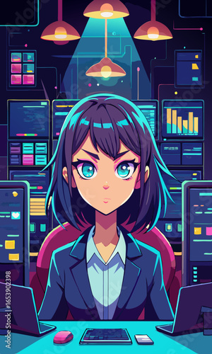 Vector illustration of anime-style woman coder in futuristic workplace, with glowing monitors and code, creative technology concept for modern design projects.