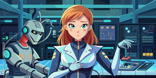 Anime-style female engineer in a futuristic robotics lab carefully adjusting humanoid robot, detailed expressive character design with sci-fi workplace atmosphere