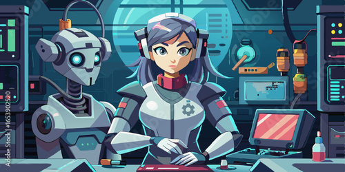 Anime-style female engineer in a futuristic robotics lab carefully adjusting humanoid robot, detailed expressive character design with sci-fi workplace atmosphere