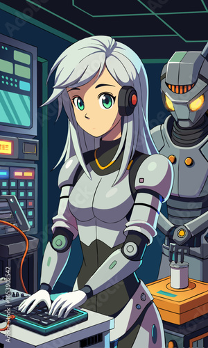 Anime-style female engineer in a futuristic robotics lab carefully adjusting humanoid robot, detailed expressive character design with sci-fi workplace atmosphere