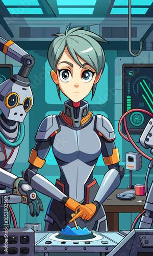 Anime-style female engineer in a futuristic robotics lab carefully adjusting humanoid robot, detailed expressive character design with sci-fi workplace atmosphere
