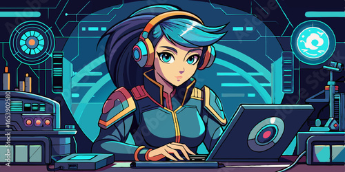 Futuristic anime woman with large expressive eyes working on wearable device, high tech cyberpunk environment, creative vector illustration for innovation and technology concepts