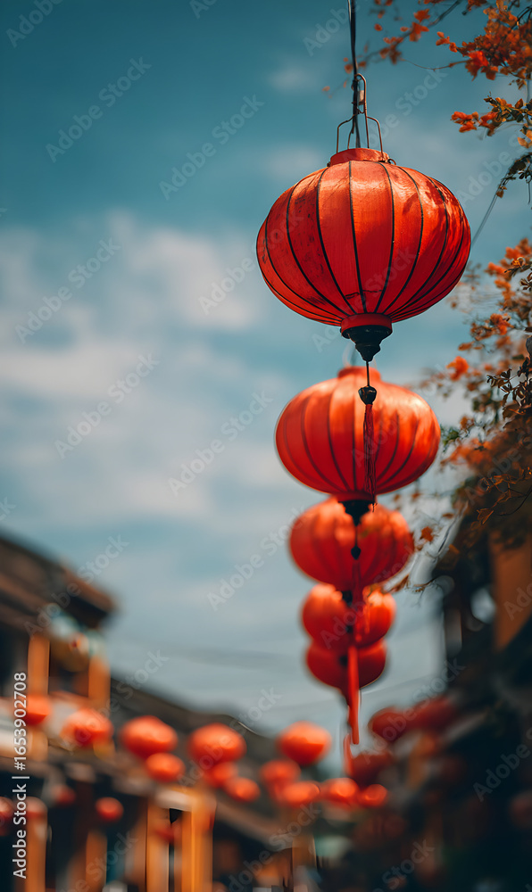 Obraz premium Vibrant hanging red lanterns illuminate a traditional oriental street in an immersive scene celebrating culture and beauty against a bright sky with autumn foliage and