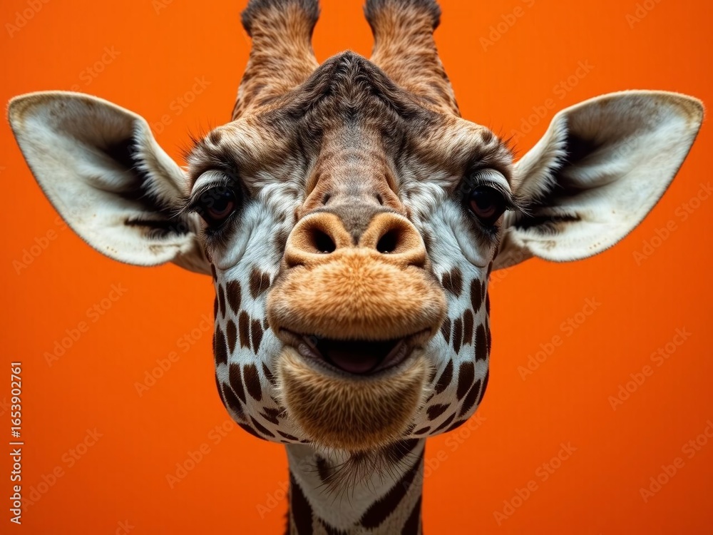 Fototapeta premium Giraffe's Surprised Expression on Orange Background