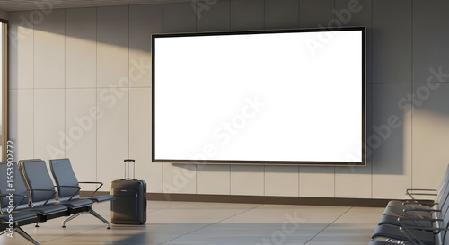 Empty airport terminal waiting area with seats, suitcase, and a large blank advertising billboard on a wall