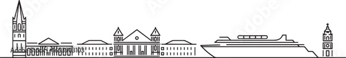 Detailed Outline of a Coastal City Skyline with Cruise Ship and Prominent Clock Tower Icon