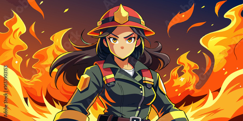 Female firefighter anime character in full uniform fighting blaze with determined expression and swirling smoke