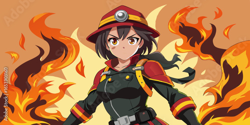 Female firefighter anime character in full uniform fighting blaze with determined expression and swirling smoke