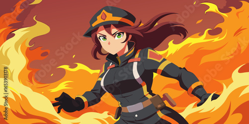 Female firefighter anime character in full uniform fighting blaze with determined expression and swirling smoke