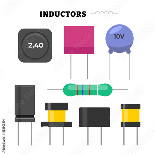 Set of inductor icon set collection vector illustration, essential part of electronic circuits for controlling electricity, teaching materials, technical diagrams, and engineering design.