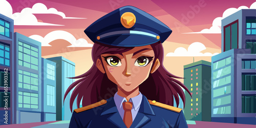 Anime style female police officer in uniform standing on urban city street, vigilant law enforcement character with confident pose and background cityscape
