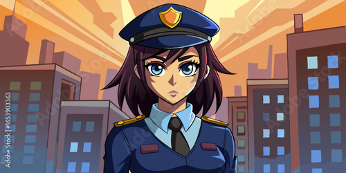 Anime style female police officer in uniform standing on urban city street, vigilant law enforcement character with confident pose and background cityscape