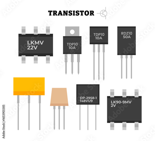 Set of transistor icon set collection vector illustration, essential part of electronic circuits for controlling electricity, teaching materials, technical diagrams, and engineering design.