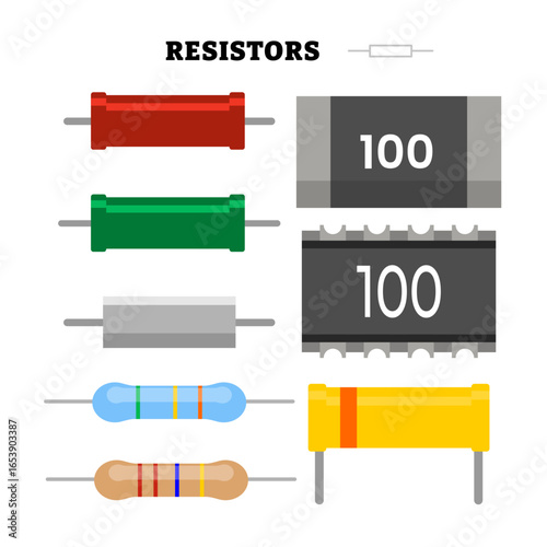 Set of resistor icon set collection vector illustration, essential part of electronic circuits for controlling electricity, teaching materials, technical diagrams, and engineering design.