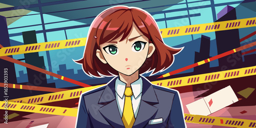 Anime style female detective in smart suit investigating crime scene with evidence markers and police tape background