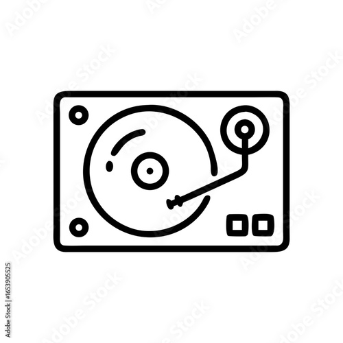 Illustration of a vinyl record player with a record on the turntable and a stylus arm shown in black outline