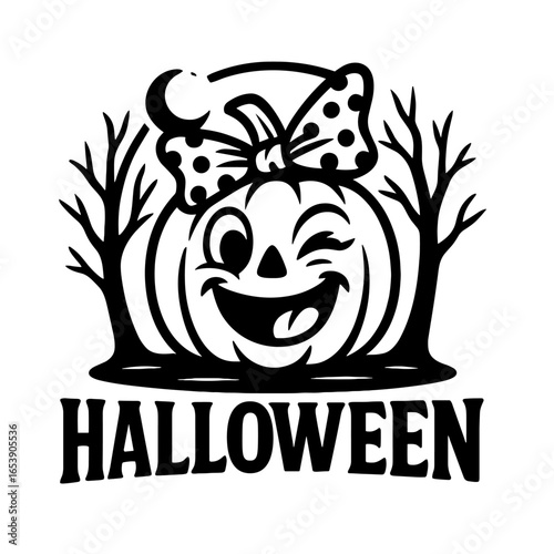 Angry Pumpkin Face Halloween Typography Design with Grunge Style Black and White Illustration
