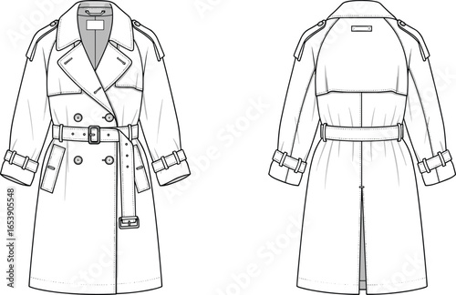 Trench coat vector sketch, front and back view, technical flat drawing, fashion cad template, stylish outerwear illustration for design