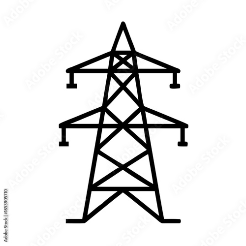 Illustration of a black outline of an electrical transmission tower on a white background in simple style