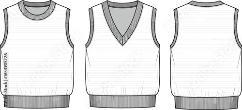 Sweater vest front, back and v-neck view, technical flat sketch, vector outline drawing, knitwear fashion cad template design
