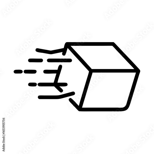 Outline drawing of a cube with speed lines indicating motion and fast delivery concept illustration