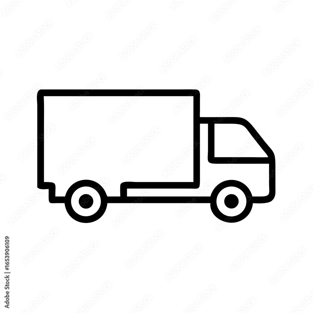 A simple line drawing of a delivery truck with a boxy cargo area and two visible wheels shown in black