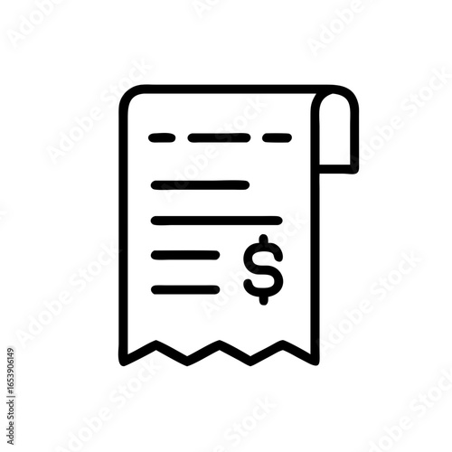 Illustration of a financial receipt with horizontal lines and a dollar sign in black outline style